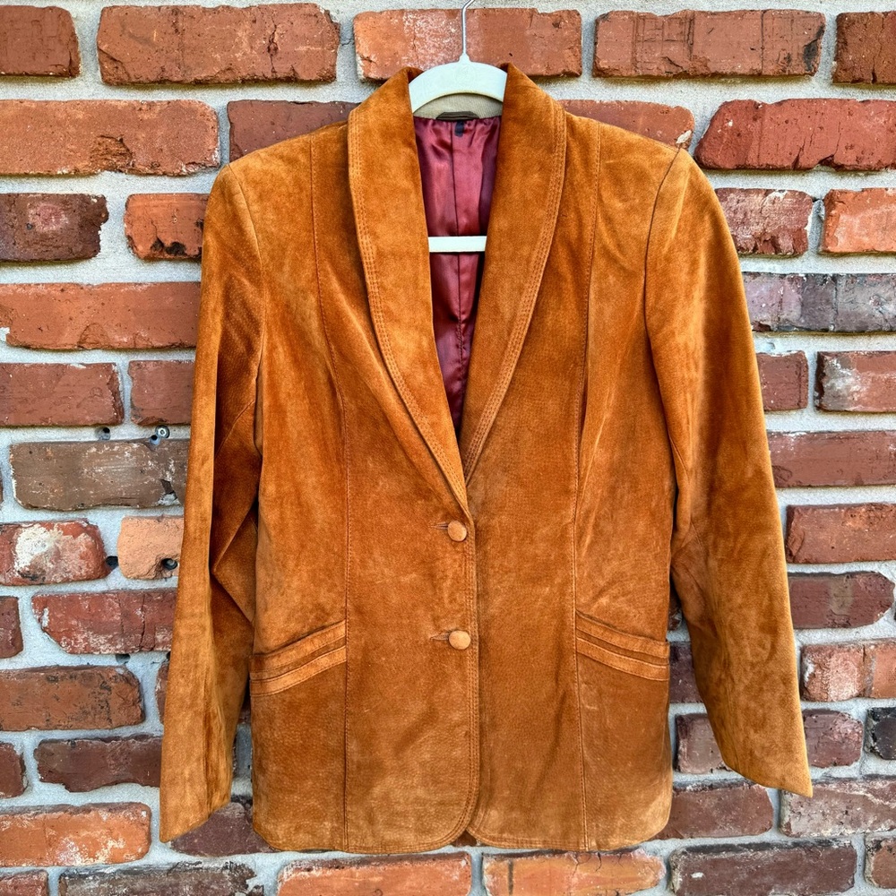 Marquis of London Suede Vtg Rust Orange Pockets Lined Button Up Blazer Jacket